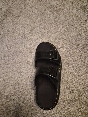 Dr. Martens Black Slip-On Dual Buckle Sandal with Yellow Stitching